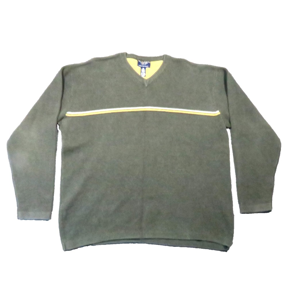 American Eagle V Neck Sweater M Green Chest Stripe Casual Preppy Vintage 90s Y2K